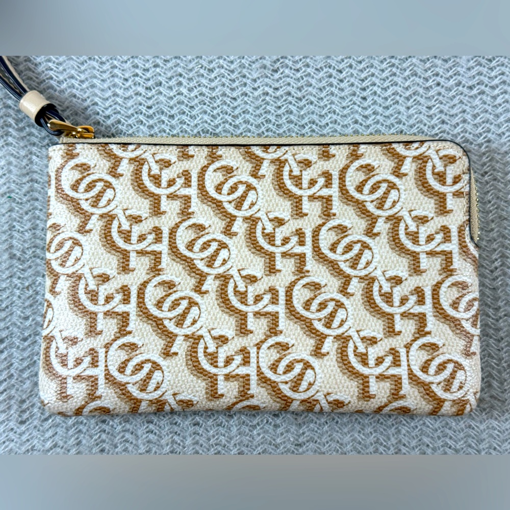 Corner‎ zip wristlet with Coach Monogram Print cream gold women’s bag travel